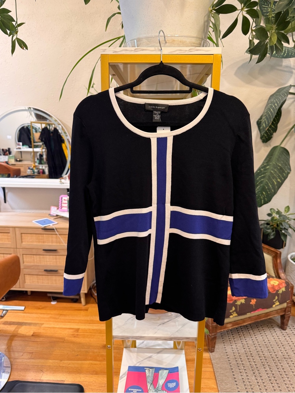 Cable & Gauge Black Sweater with Blue and Cream Center Stripe